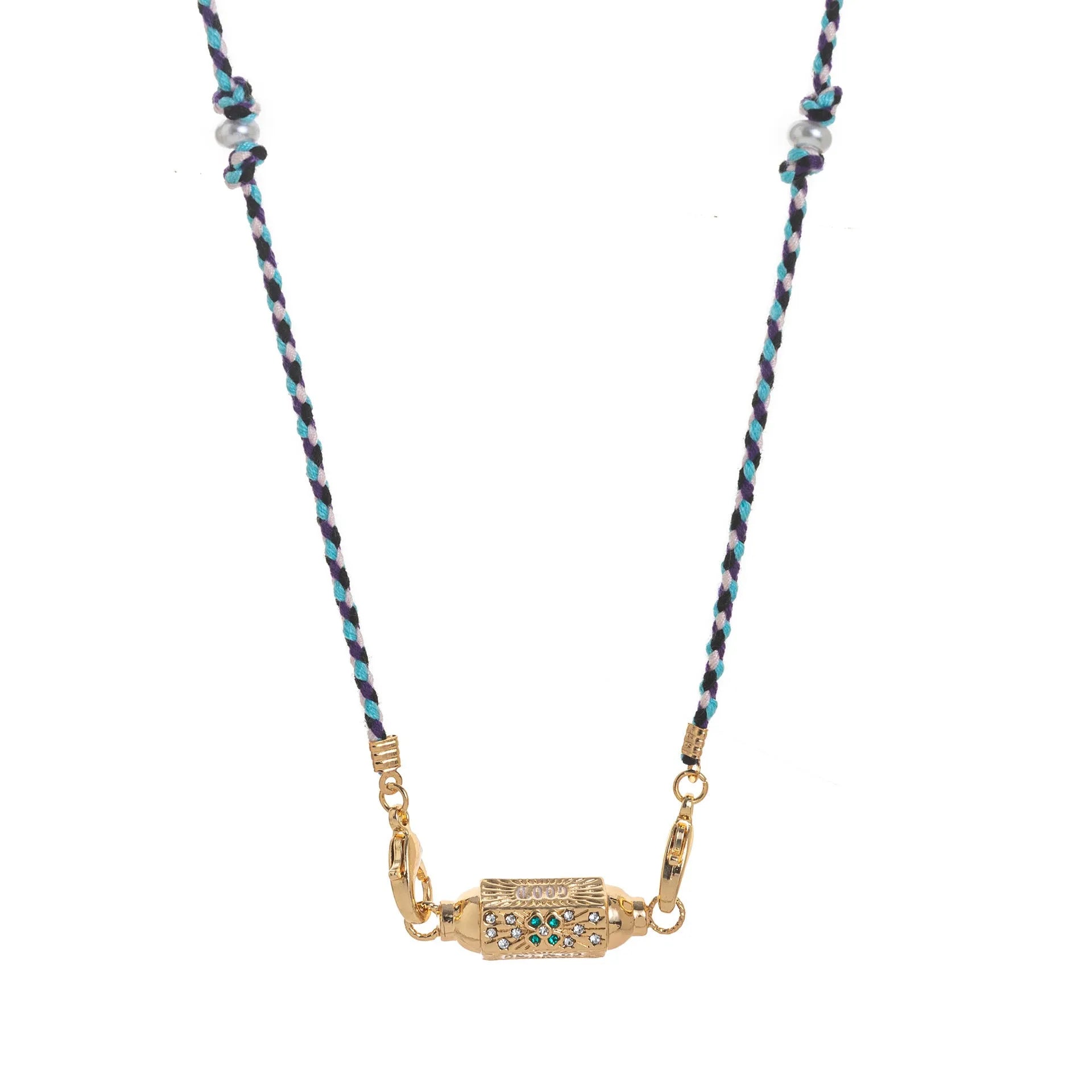 Copper geometry pendant necklace for men with star and eye motifs in blue colour on regular chain