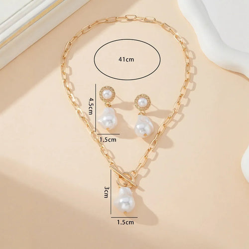 Gold-coloured baroque pearl necklace and earrings two-piece jewellery set
