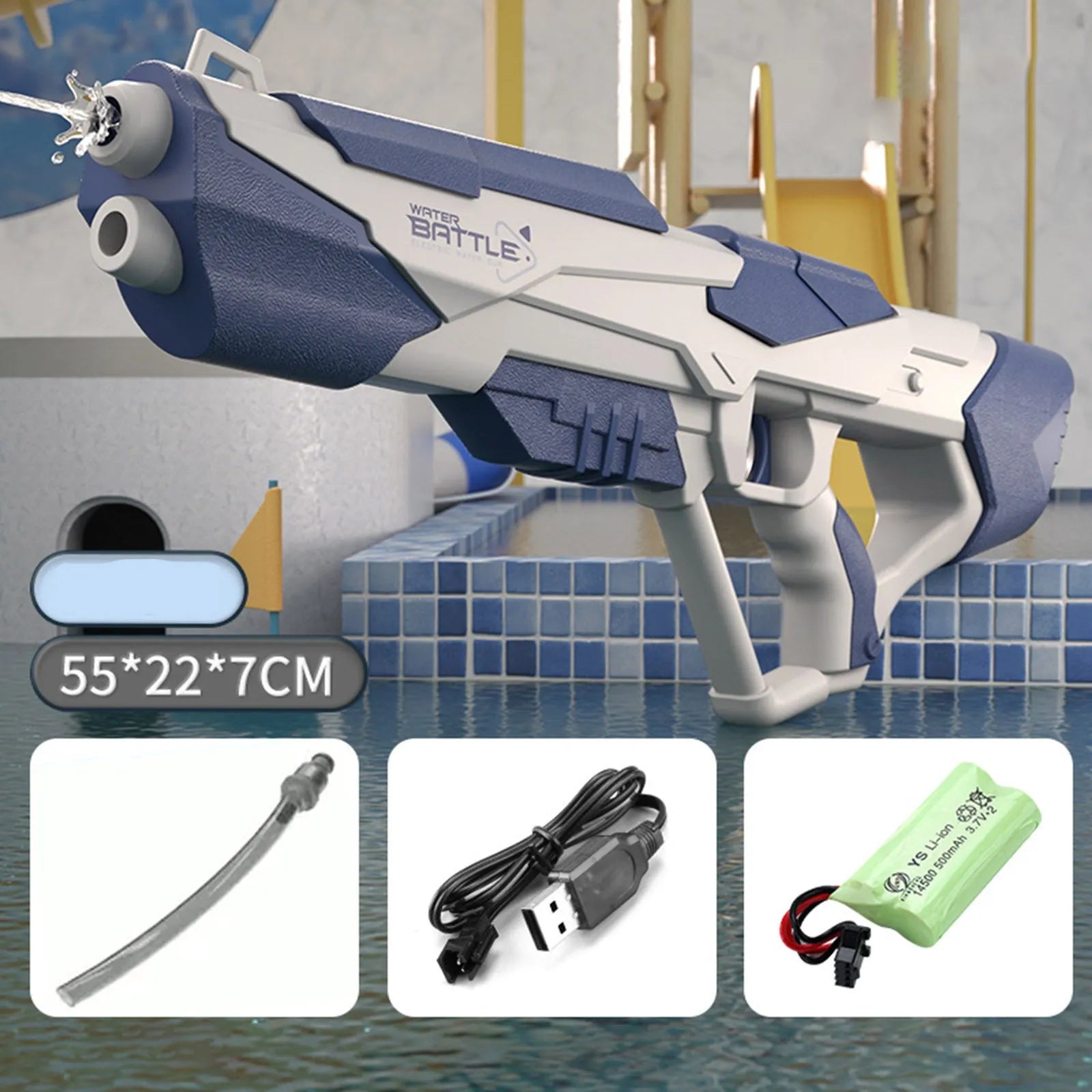 Blue electric water gun with USB charging cable and automatic straw