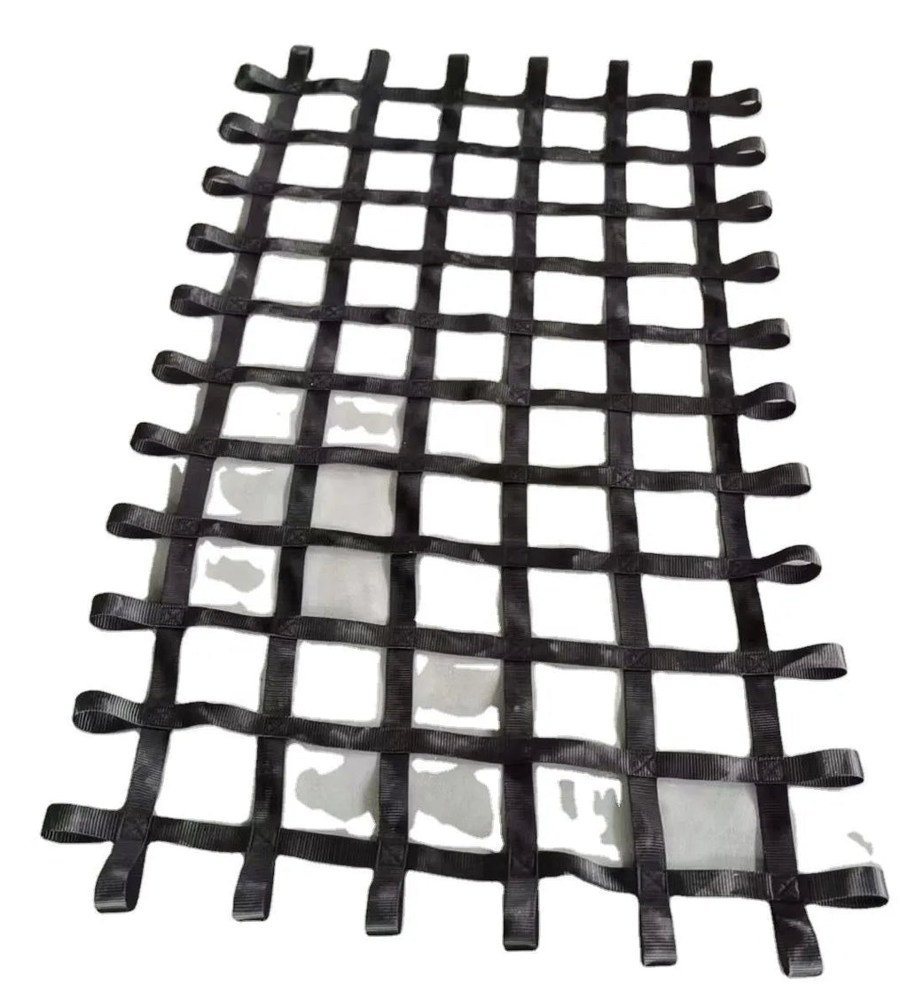 Black polyester ribbon children's climbing net with 1.5 inch wide straps and 5 inch mesh openings