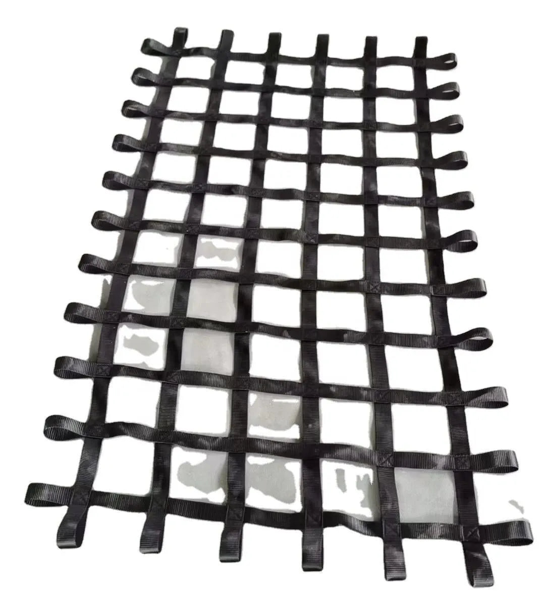 Black polyester ribbon children's climbing net with 1.5 inch wide straps and 5 inch mesh openings