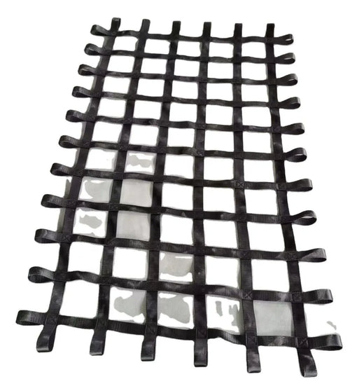 Black polyester ribbon children's climbing net with 1.5 inch wide straps and 5 inch mesh openings