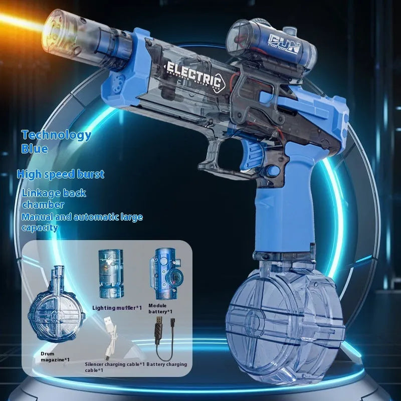 Electric water pistol toy with blue LED lights and automatic water spray function