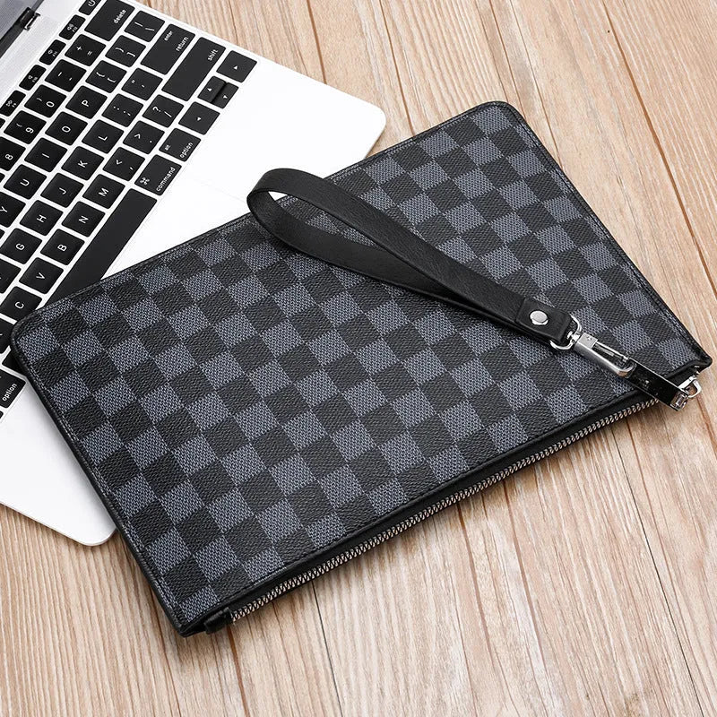 Men's black checkered pattern PU leather clutch showing card slots and handheld design.