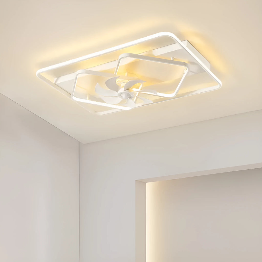 Modern thin suction ceiling fan with light, 1100 by 700mm, with plastic blades and an acrylic lampshade.