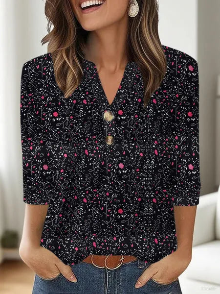 Women's loose fit V-neck T-shirt with 3D printed pattern in Korean casual style