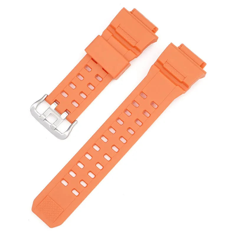 Camouflage pattern TPU watch strap with silver buckle closure shown in multiple colour options