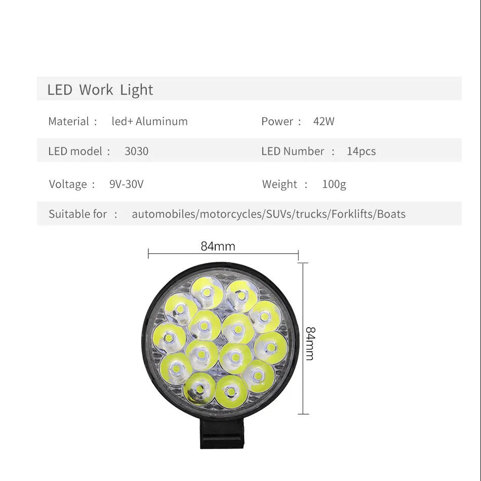 White LED mini round auxiliary work light with aluminium housing for vehicle mounting.