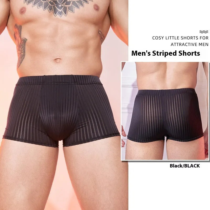 Men's thin striped nylon underwear in black, white, and dark grey colours
