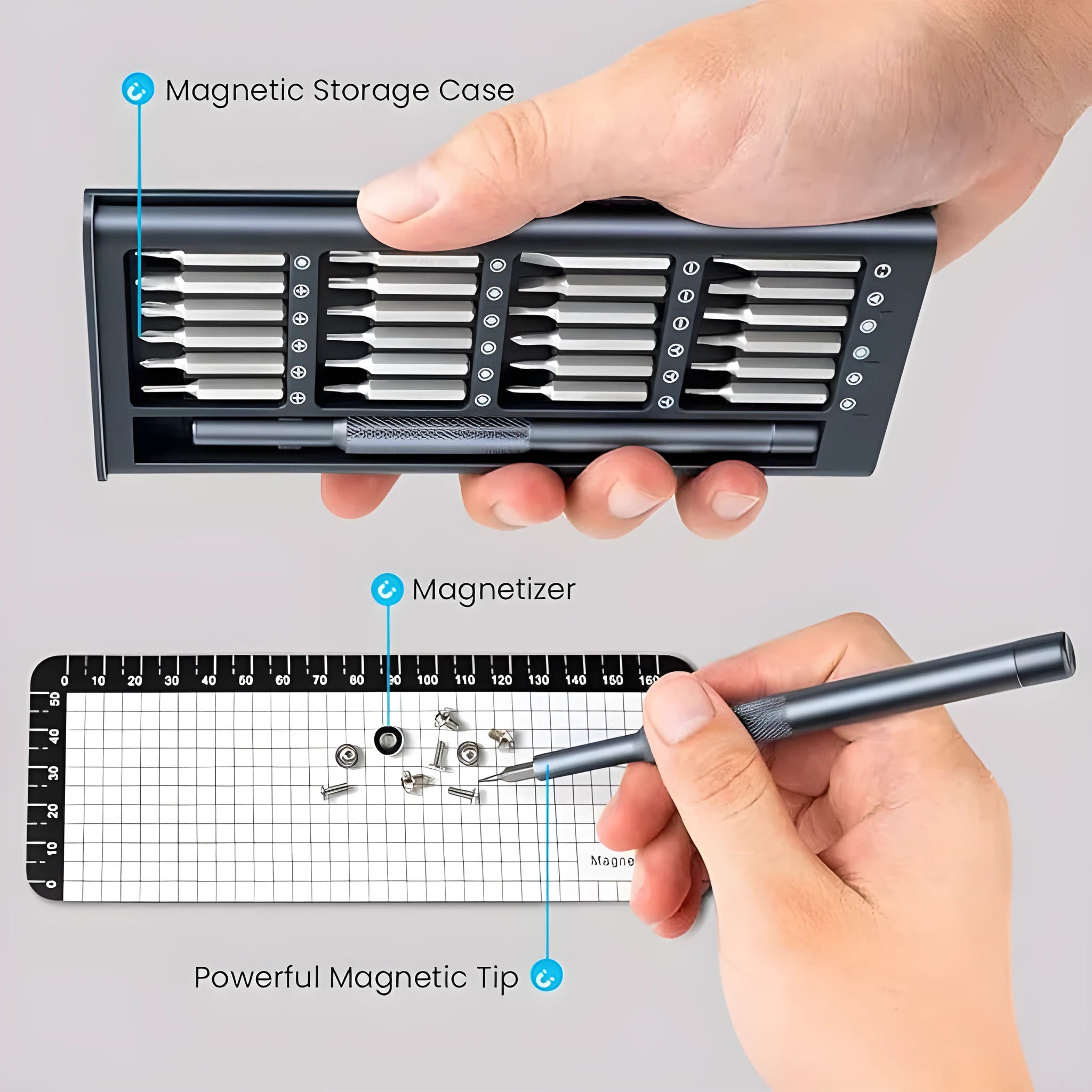 25-in-one magnetic precision screwdriver set with knurled black handle and chrome vanadium steel bits