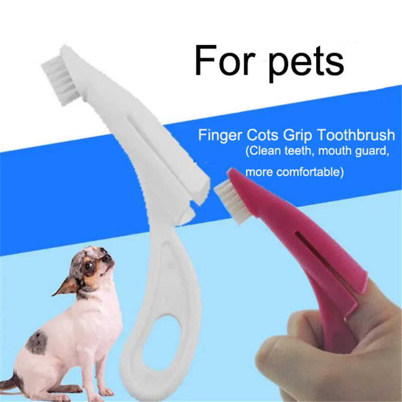 Red and white finger sleeve toothbrush for dog and cat dental care on a blue background.