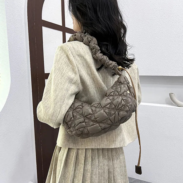 Women's casual nylon underarm messenger bag in beige colour showing dimensions and adjustable shoulder strap