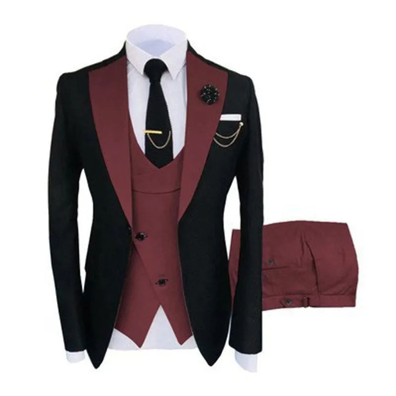 Men's slim fit three-piece cotton suit in business style with coat, vest and trousers