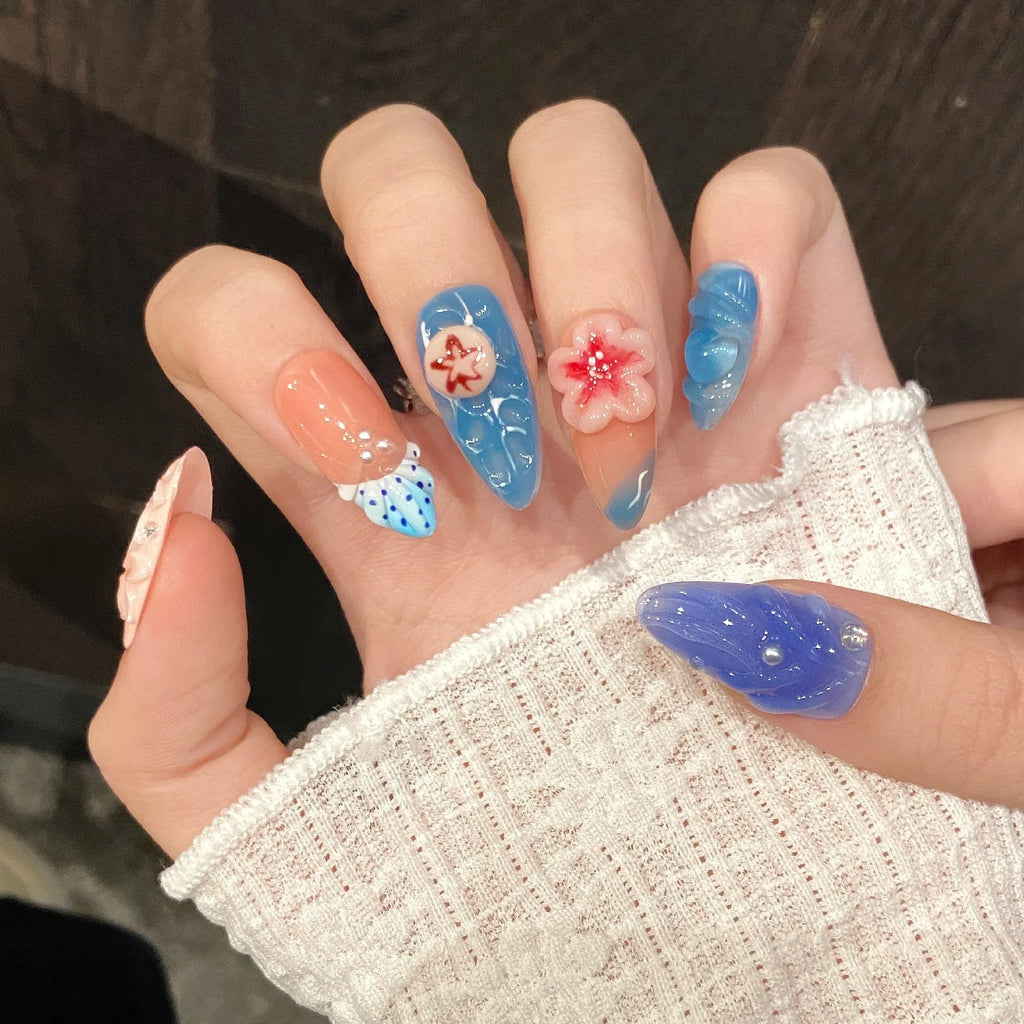 Plastic wearable armour with 3D jellyfish carving in almond nail colour