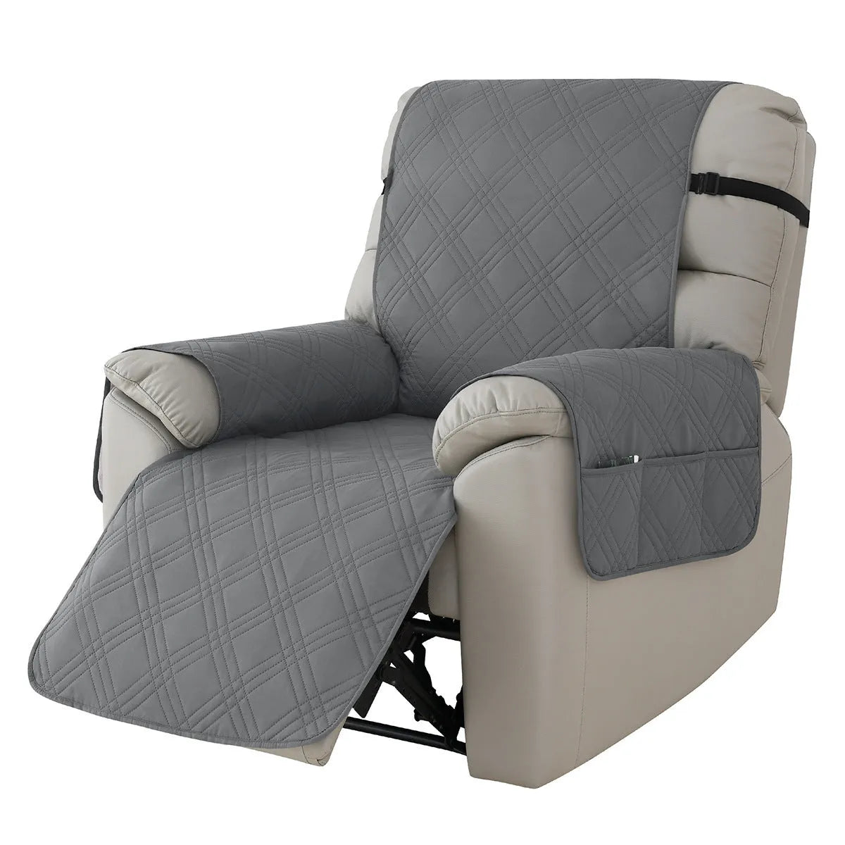 Quilted waterproof sofa cover on a Chivas massage chair in peacock blue colour.