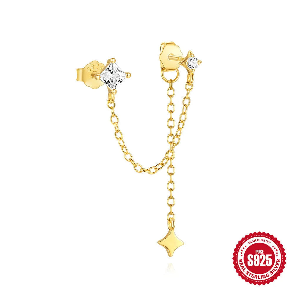 S925 sterling silver stud earrings with zircon stones and chain design for double piercing in golden colour
