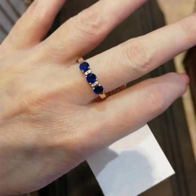 Purple gold plated rose gold geometric blue stone ring for women with adjustable opening on copper band