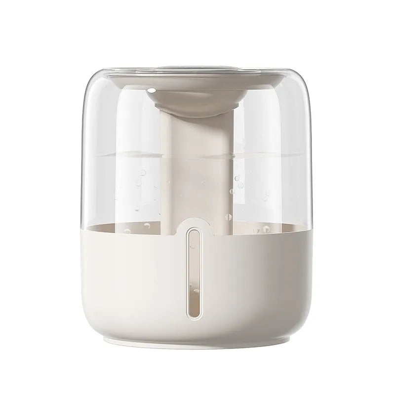 Beige round USB humidifier with dual spray nozzles, humidity display, and gear controls