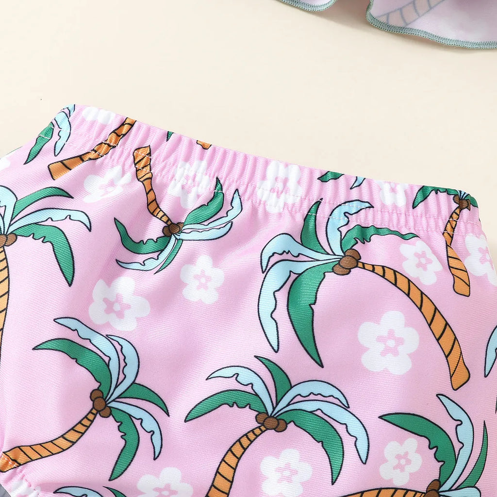 White children's two-piece swimsuit set with top and beach shorts on hanger