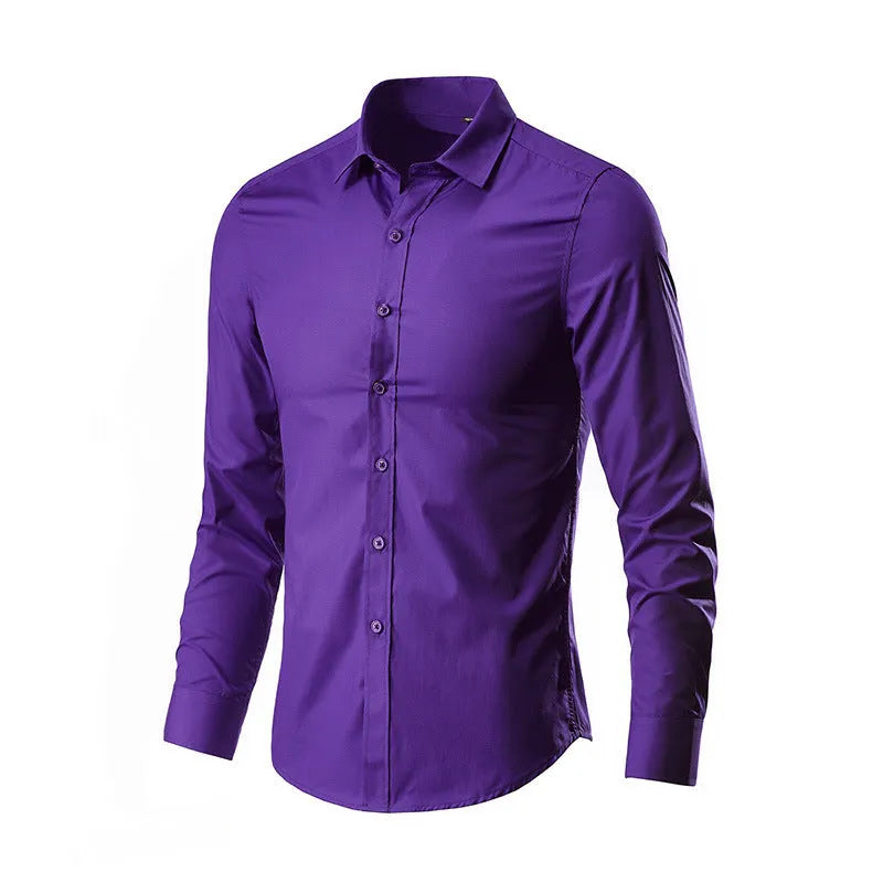 Men's loose-fit long-sleeve linen shirt shown in a neutral colour, featuring a button front and long sleeves.