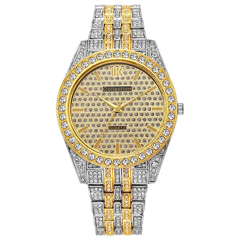 Fashion starry quartz watch with 40mm dial, spiral crown, and stainless steel buckle in black gold finish