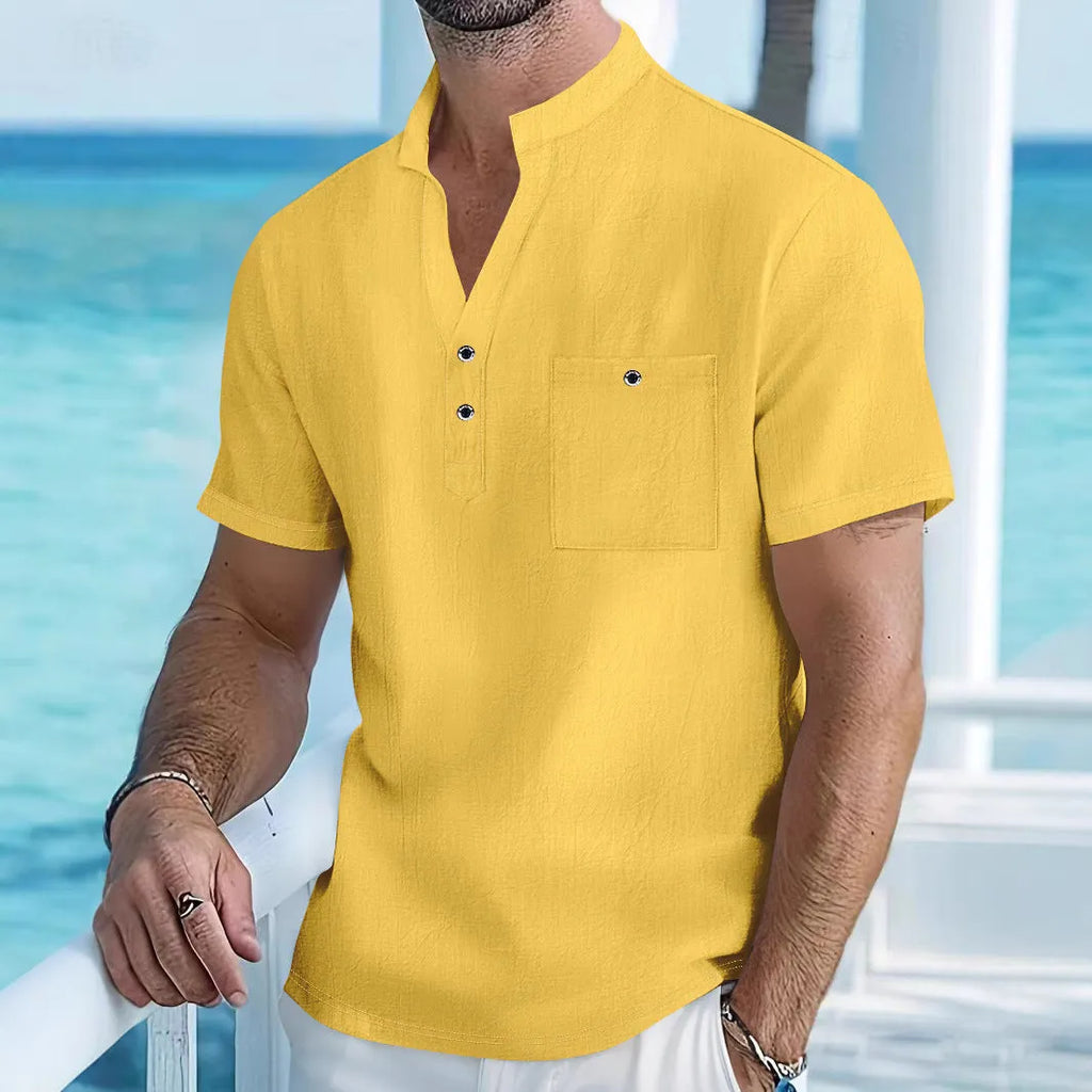 Men's light blue stand collar linen short sleeve T-shirt laid flat, showing loose fit and solid colour.