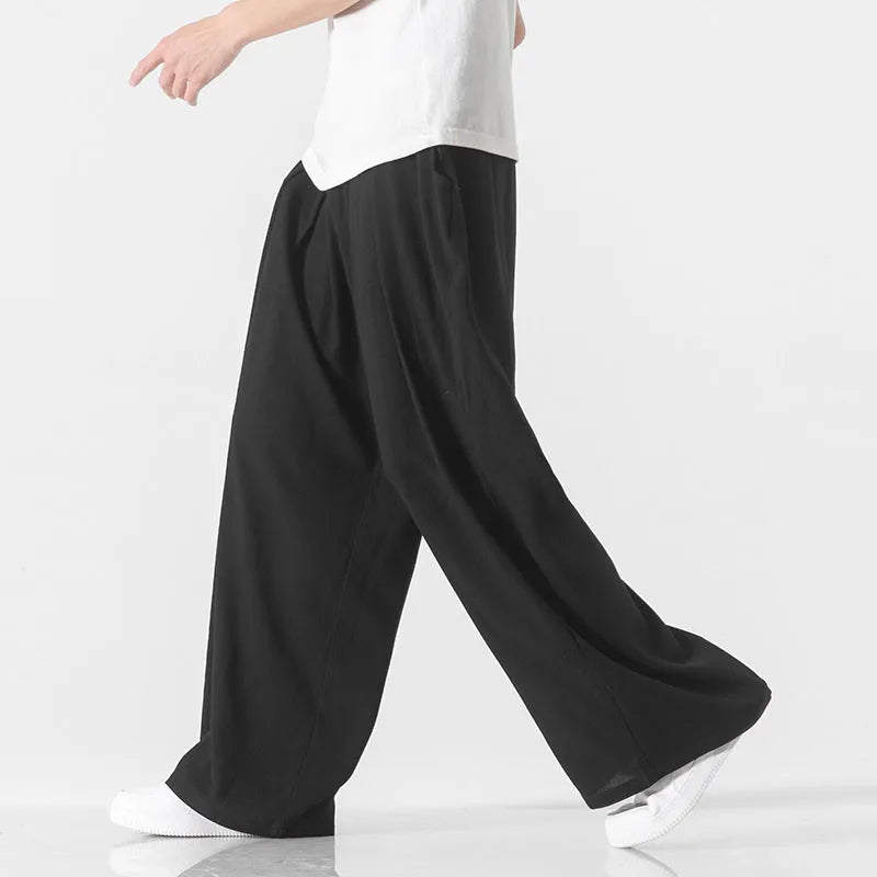 Men's linen straight casual trousers in beige, drawstring waist, crumple texture, full length view
