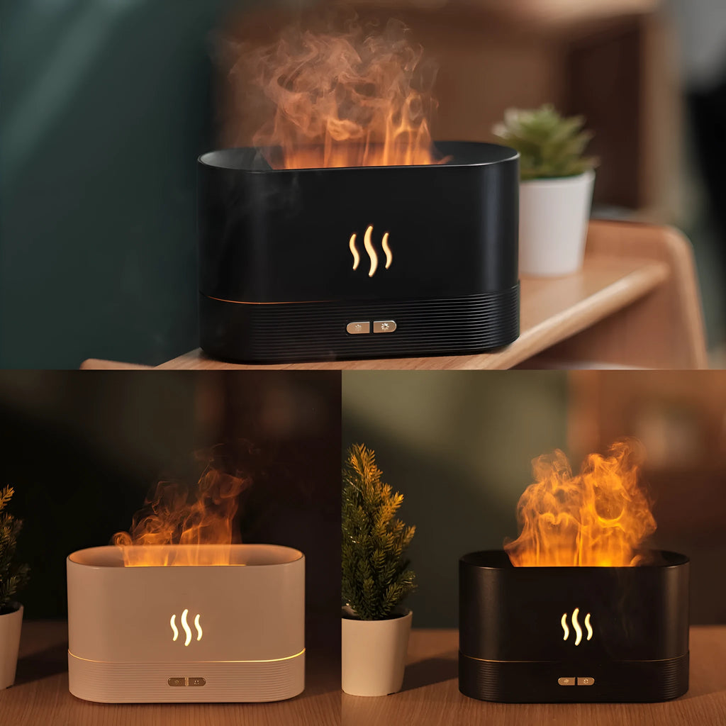 Square 180ml ultrasonic aroma diffuser with flame LED light in black, on a desk with visible mist