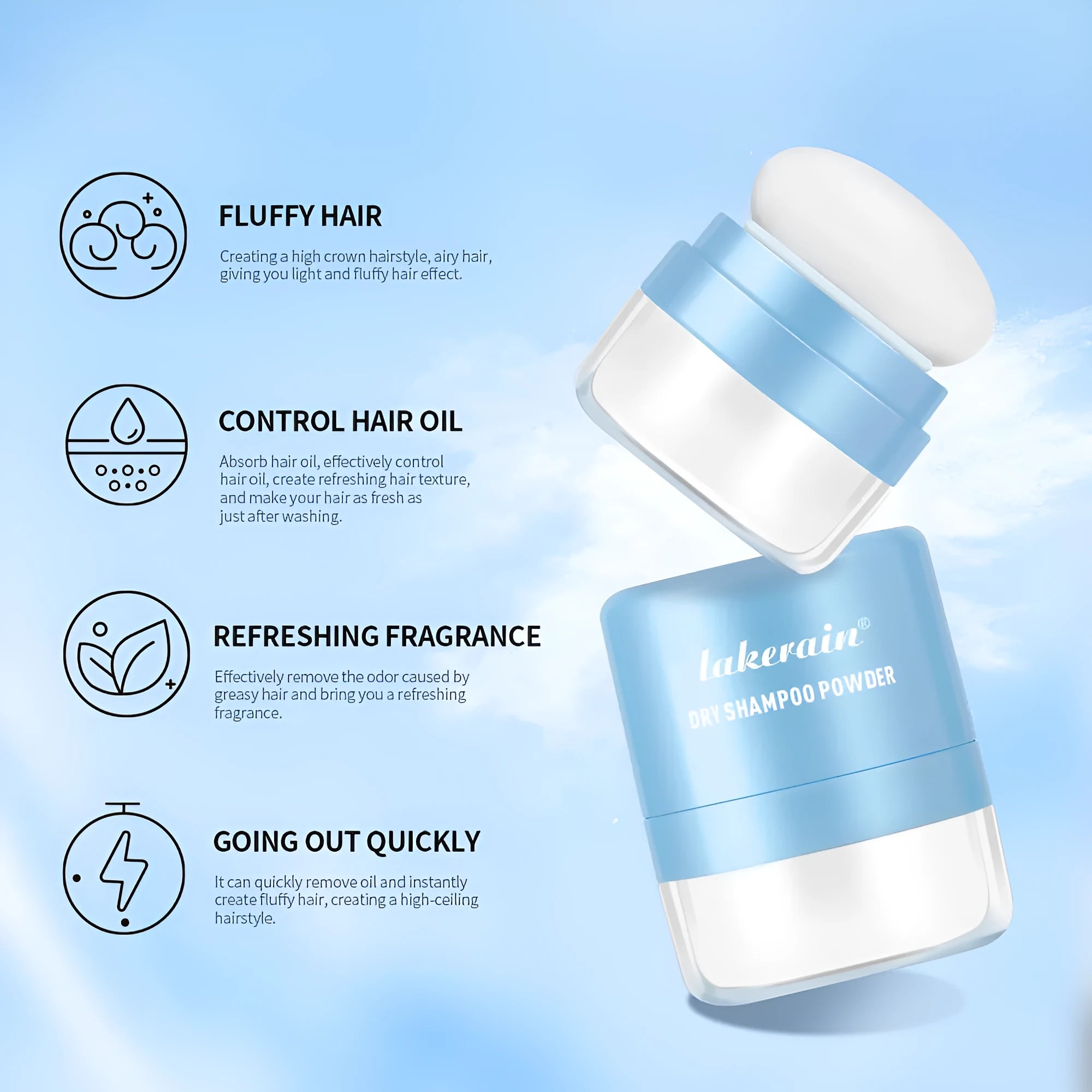 Disposable dry hair powder kit with 5g pod, sponge headband, and mirror for bangs refresh.