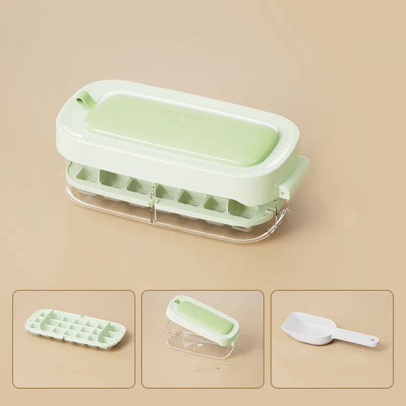 High-capacity plastic ice cube tray with grid pattern and ice shovel, shown in blue colour.