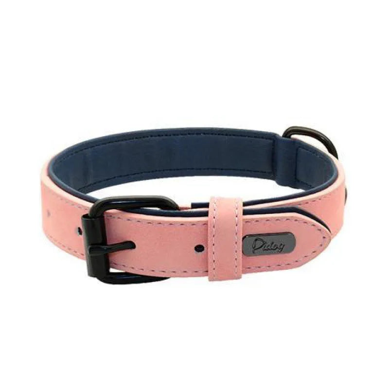 Adjustable dog collar in purple showing front PU material and back microfiber fabric, with a secure buckle closure.