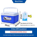 Blue insulated portable cooler bag with aluminium foil lining and multiple capacity size options.