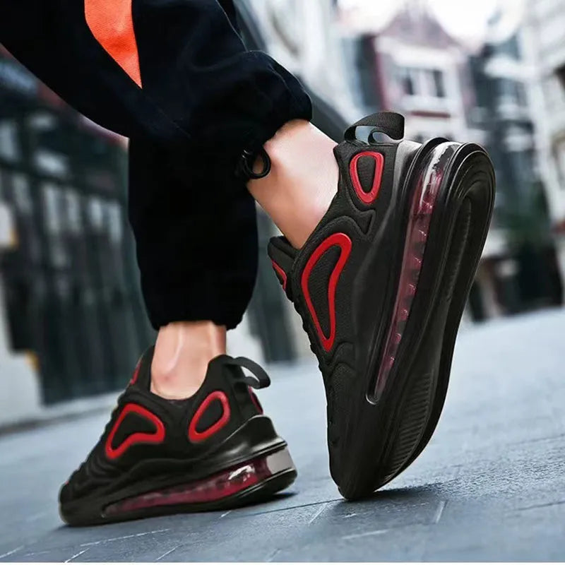 Men's black casual sneakers with air cushion technology and thick sole design
