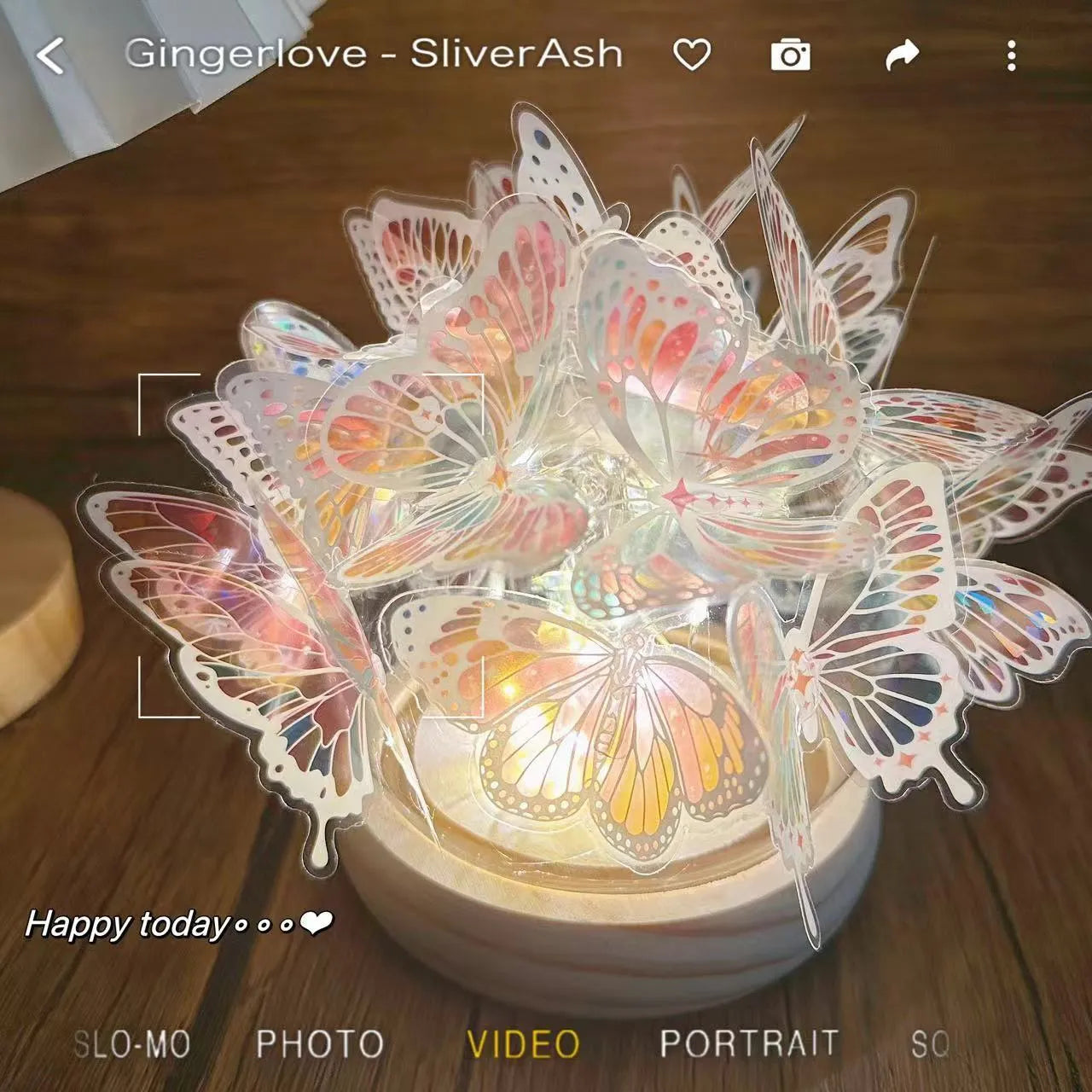 Butterfly night lamp with glass shade on raw wood base, 12x15cm bedside light