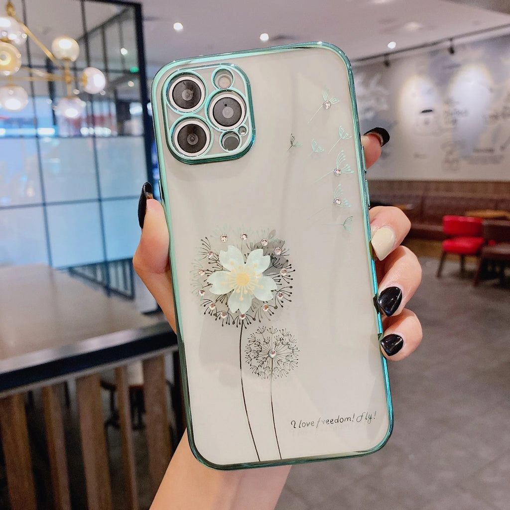 Green 3D floral design iPhone case with a spin stand unfolded on a white background.