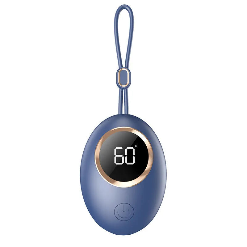 USB hand warmer with digital display showing temperature, aluminium heat dissipation, available in six colours