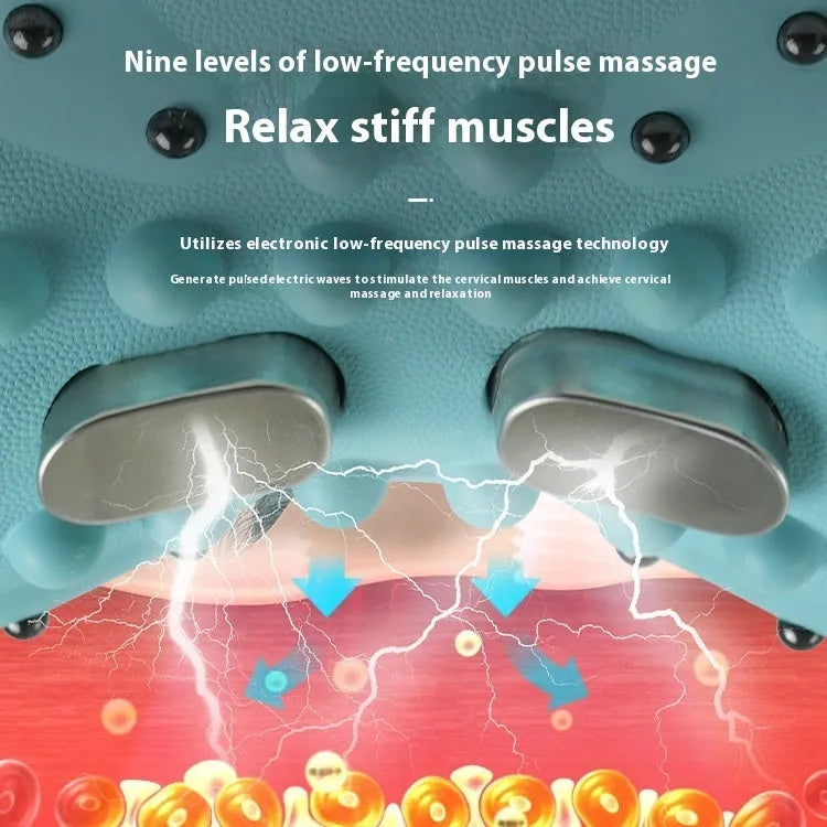 Blue-green portable EMS massage pillow with hot compress for shoulder and neck relief