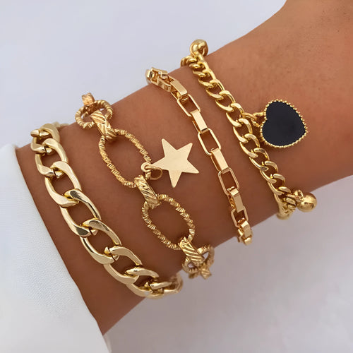 Black Peach Heart Retro Simple Multi-layer Alloy Bracelet for Women with Star and Heart Motifs