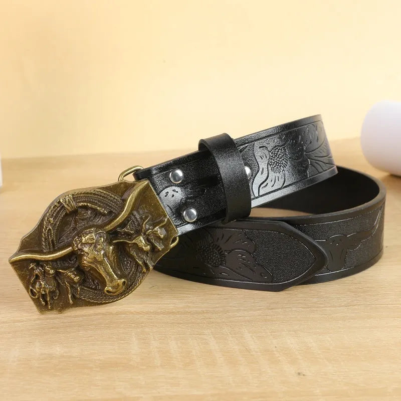 Men's imitation leather belt with cow head buckle design in black or brown colours