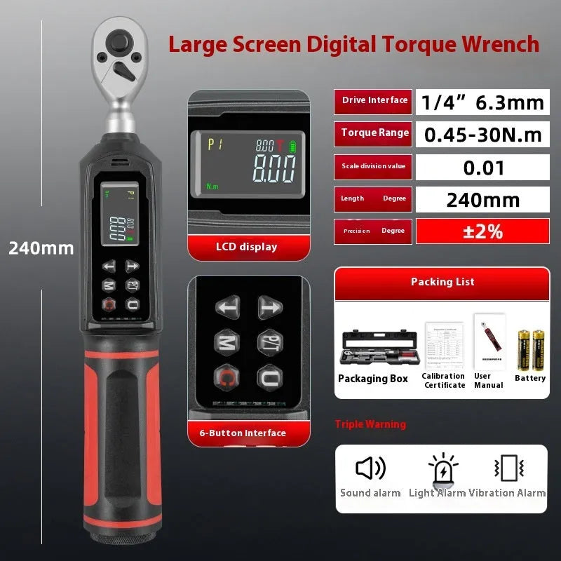 Electronic digital display torque wrench with triple alert system showing sound, light, and vibration warnings