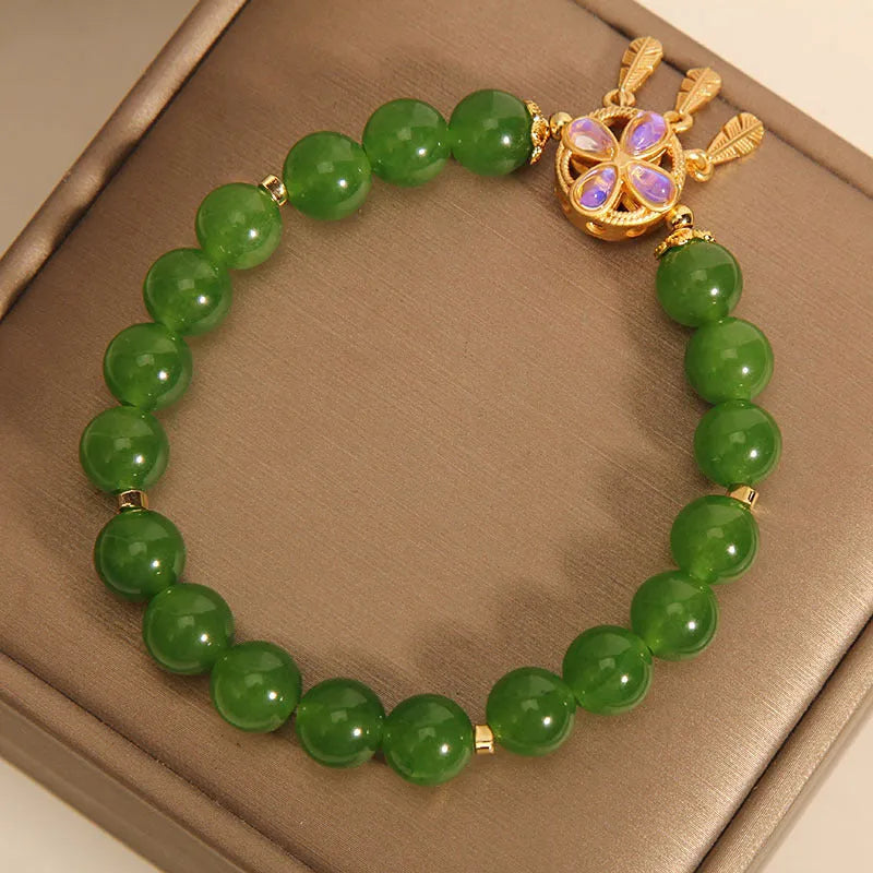 Green jasper crystal bracelet with four-leaf clover dream catcher pendant, women's original design jewellery