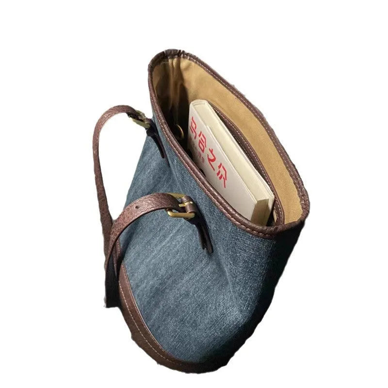 Denim patchwork one-shoulder bucket handbag showing dimensions and polyester construction