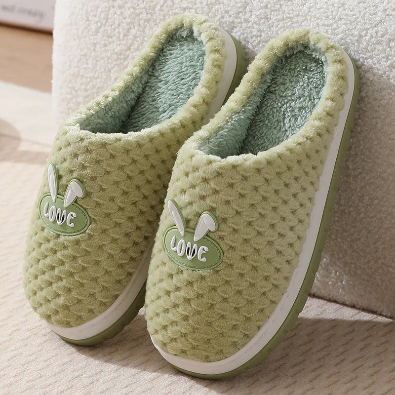 Women's rabbit plaid design winter slippers with thick rubber soles in apricot colour option