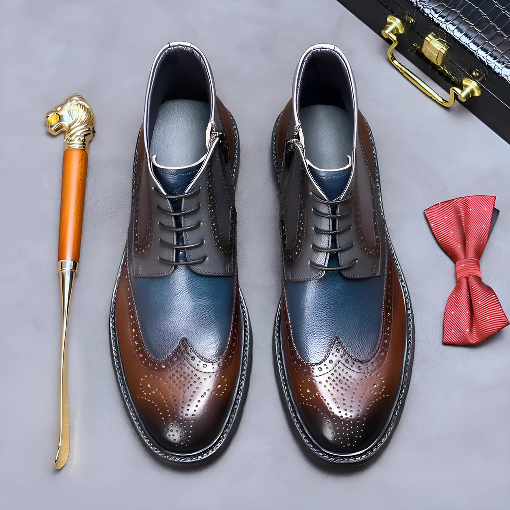 Coffee blue men's leather brogue ankle boots with decorative stitching and front laces.
