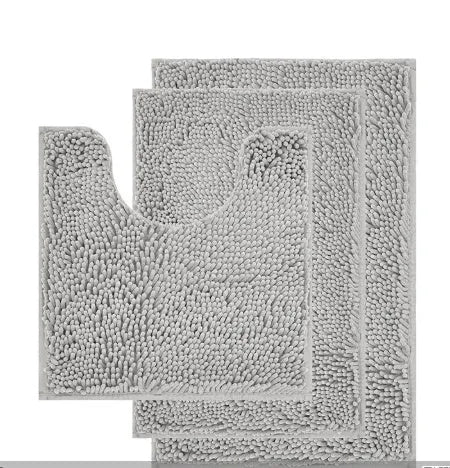 Chenille three-piece bathroom carpet set with U-shaped toilet mat and two rectangular mats in modern minimalist style