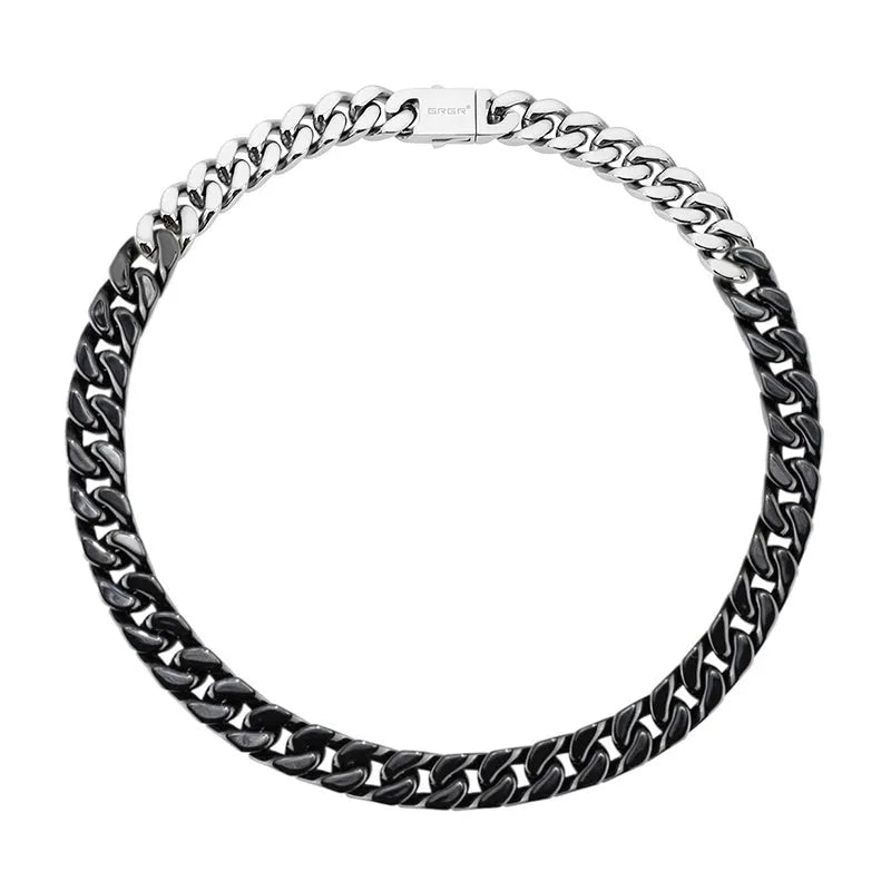 Classic patchwork ceramic chain necklace in black and white with titanium steel options, 13mm width, 45cm length