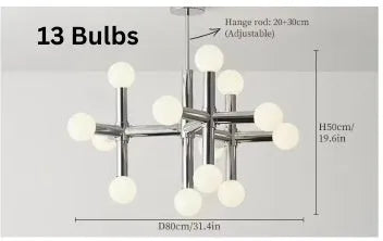 Creative bean-shaped Nordic chandelier with 10 chrome-plated heads, wrought iron and glass construction