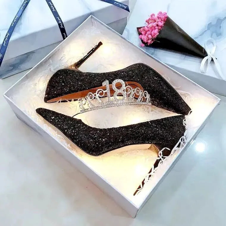 Women's silver and black wedding shoes with crystal detail and multiple heel height options
