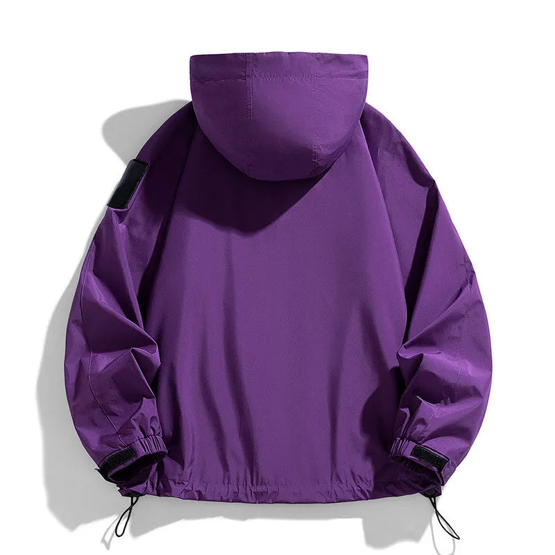 Men's black hooded windproof waterproof jacket, long sleeve regular length coat.
