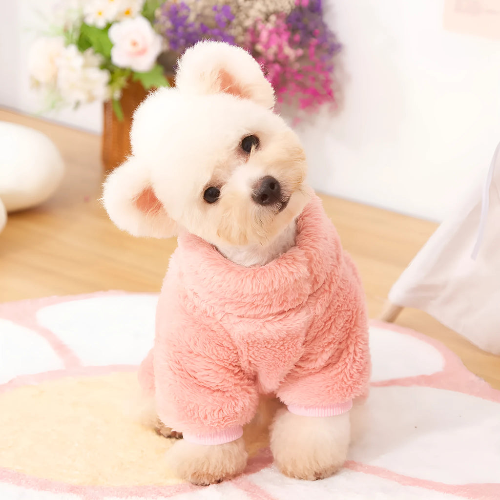 Four-legged dog clothes with double-sided plush fabric and high collar in khaki colour with towing ring attachment